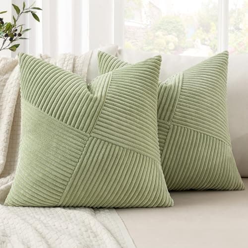 Image of MIULEE Decorative Cushion Covers 40 x 40 cm Sage Green Corduroy Patchwork Design Striped Boho Pillow Cases Square Pillowcases Throw Pillow Covers for Sofa Living Room Bedroom, Set of 2