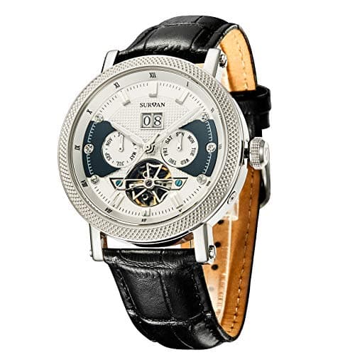 Image of SURVAN WatchDesigner Watch for Men Sapphire Crystal Mechanical Skeleton Automatic Men's Wrist Watches Ion-Plated Leather Strap Copper Watch Needle（White）