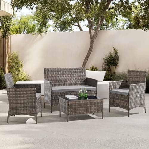 Image of EVRE Outdoor Furniture Set 4 Seater Rattan Garden Furniture Set with Glass Coffee Table, 2 Chairs & Loveseat Sofa, Patio Furniture Set with Cushions for Garden, Balcony & Conservatory