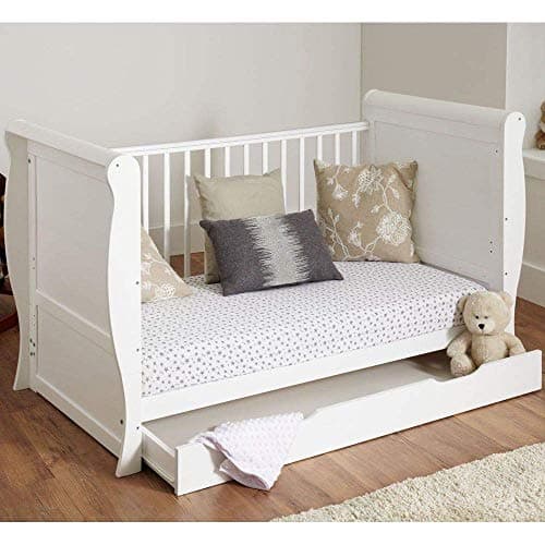 Image of White Solid Sleigh Style Cot Bed & Deluxe Foam or Sprung Mattress Converts into a Junior Bed (Cot Bed with Sprung Mattress and Drawer)