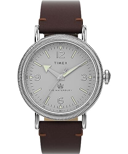 Image of Timex Men's Waterbury 40 mm Watch - Brown Leather Two-Piece Quick Release Strap Silver-Tone Dial Silver-Tone Case TW2W20300