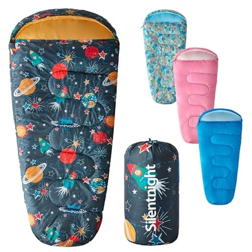 Image of Silentnight Kids Sleeping Bag - Girls Boys 3 Season Mummy Sleeping Bag Ideal for Spring and Summer with Soft Touch Warm Cosy Fabric and Fibres - Machine Washable - 165 x 82cm - Space