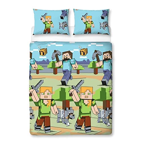 Image of MINECRAFT Official Double Duvet Cover Set | Adventures Design Reversible 2 Sided Bedding Including Matching Pillow Cases | Character World Brands Double Bed Set