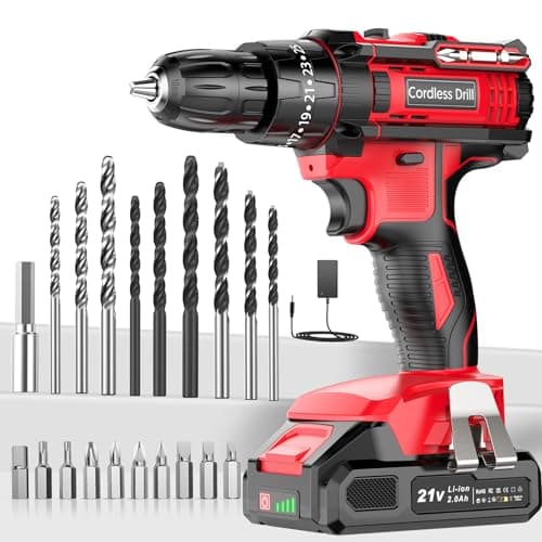 Image of Cordless Drill Driver 21V, Cordless Hammer Drill with Battery 2000mAh, 25+3 Torque, 42N.m Max, 22PCS Accessories, 2 Speed, LED Light
