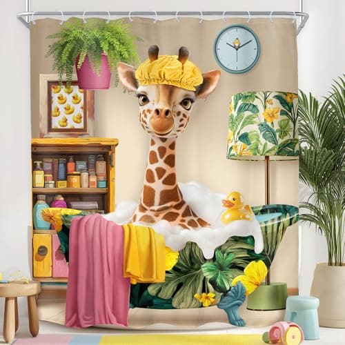 Image of LIGHTINHOME Funny Giraffe Shower Curtain 60Wx72H Inches Tropical African Wildlife Safari Bubble Soapy Cute Creative Animal Cloth Fabric Waterproof Polyester Bathroom Home Decor Set with Hooks