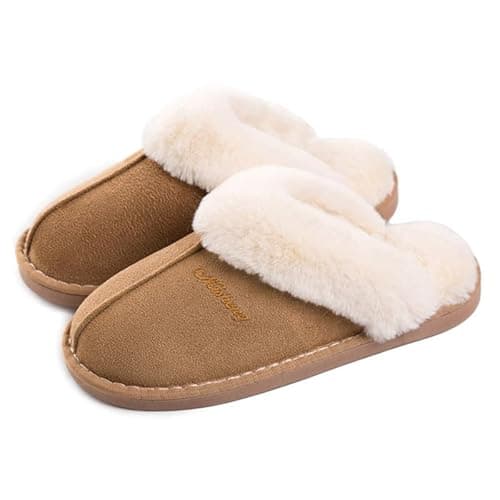 Image of Misolin Womens Slipper Memory Foam Fluffy Slip-on House Faux Suede Fur Lined/Anti-Skid Sole, Indoor & Outdoor Light Brown 5.5/6.5 UK, Light Brown