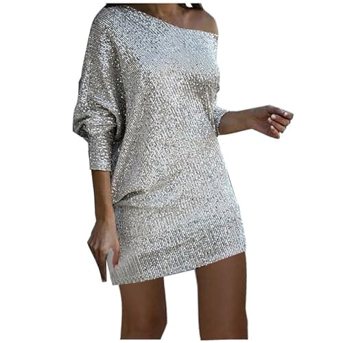 Image of Zeiayuas Women Elegant Formal Sequins Dresses Wrap Off Shoulder Long Sleeves Midi Bodycon Party Dress Sparkly Glitter Evening Dress Elegant Disco Club Prom Ball Gowns Ladies Cocktail Clubwear Silver