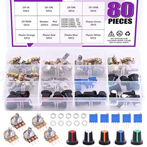 Image of Sweet 80pcs 1K-500K Ohm Multiturn Strimmer 1K-100K Ohm Potentiometer Kit Knurled Shaft 3 Single Linear Terminals High Precision Variable Nuts and Washers