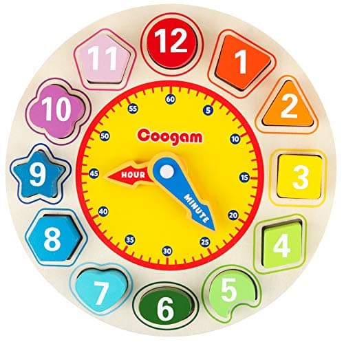 Image of Coogam Wooden Learning Clock – Teaching Time Shape Sorting Number Blocks Puzzle Stacking Sorter Early Educational Toy Gift for Year Old Toddler Baby Kids