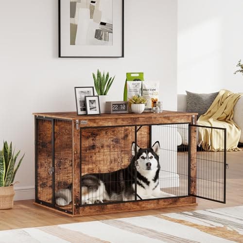 Image of PawHut Dog Crate Furniture, Dog Cage End Table with Openable Top, Two Lockable Doors, for Extra Large Pets, 118 x 75 x 77cm, Rustic Brown