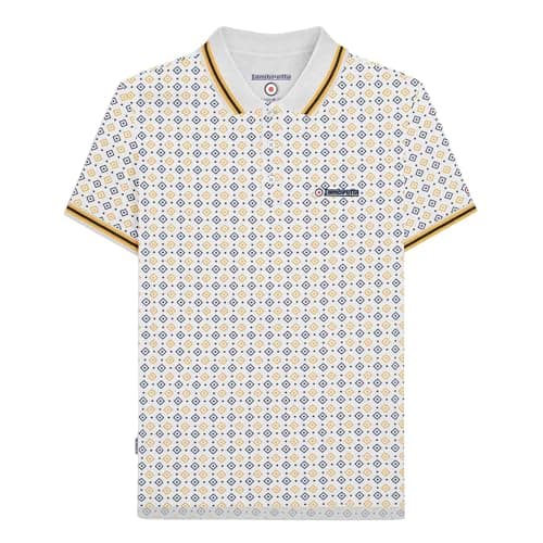 Image of Lambretta Mens Geometric Print Short Sleeve Polo Shirt (UK, Alpha, L, Regular, Regular, White)