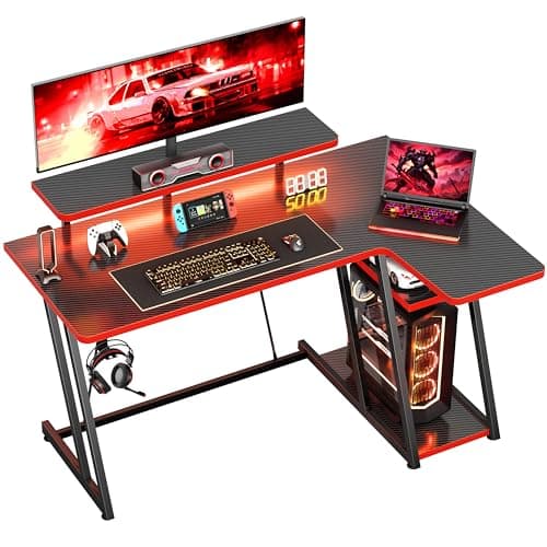Image of HOMIDEC Gaming Desk with LED Lights, 120CM Computer Desk with Monitor Stand, L Shaped Corner Desks with Headphone Hook and Shelves for Gaming Room, Bedroom, Office, Black Red