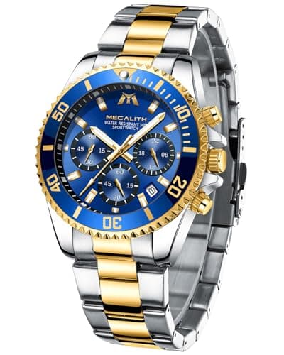 Image of MEGALITH Mens Chronograph Watches - Gold Stainless Steel, Waterproof Designer Blue Face, Analogue Luminous Date