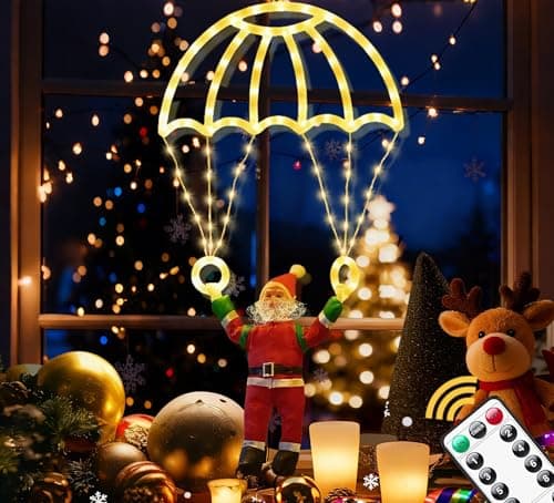 Image of emopaw Christmas Window Lights, Cute Santa Parachute Hanging Light with Remote Control - Weatherproof for Indoor & Outdoor Window, Wall, Door | Festive Holiday Novelty Decorations, Warmwhite