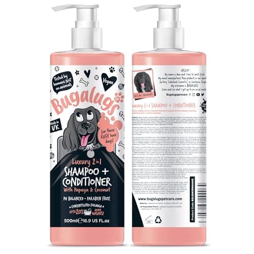 Image of BUGALUGS Dog Shampoo and Conditioner with Luxury 2 in 1 Papaya & Coconut fragrance, professional puppy shampoo grooming products for smelly dogs
