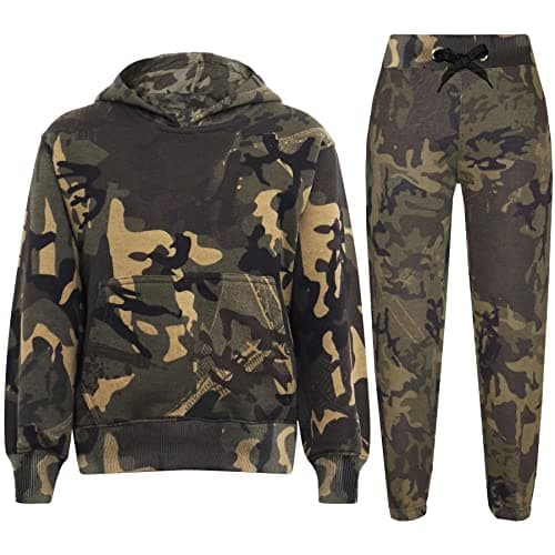 Image of Kids Girls Boys Plain Tracksuit Hooded Hoodie Jog Suit - T.S Plain 105 Camo Green 11-12