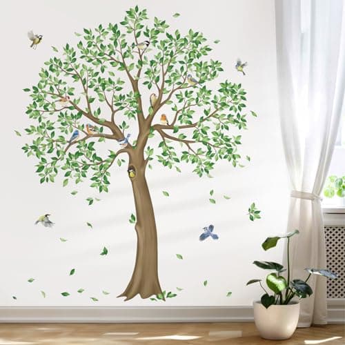 Image of decalmile Large Green Tree Wall Stickers Falling Leaves Birds Wall Decals Living Room Bedroom Office Wall Decor(H: 59 inches/150 cm)