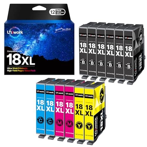Image of Uniwork 18XL Compatible Ink Cartridge Replacement for Epson 18 for XP102 XP202 XP205 XP212 XP225 XP215 XP305 XP312 XP315 XP322 XP325 XP405 XP415 XP422 XP425 XP412 (Black Cyan Magenta Yellow, 12-Pack)