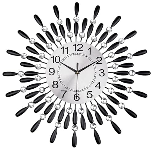 Image of Crystals 60cm Large Metal Wall Clock – Luxury Sunburst Design, Handcrafted Diamante Beaded Clock for Living Room, Modern Decorative Wall Clock for Home & Office (Black)