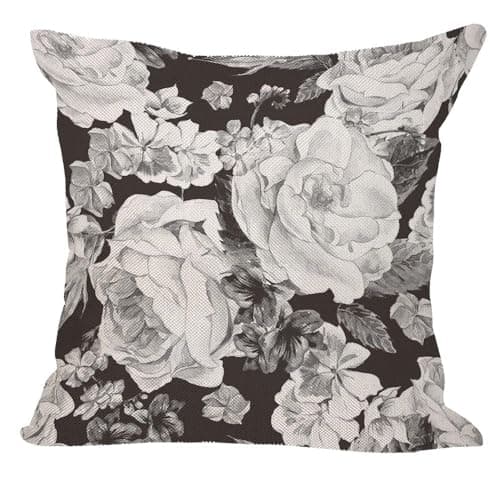 Image of Orythyra Black White Rose Floral Cushion Cover 45x45cm Cotton Linen Pillow Cover Decorative Throw Pillows Farmhouse Decor for Home Cushion Case 18x18 Inch
