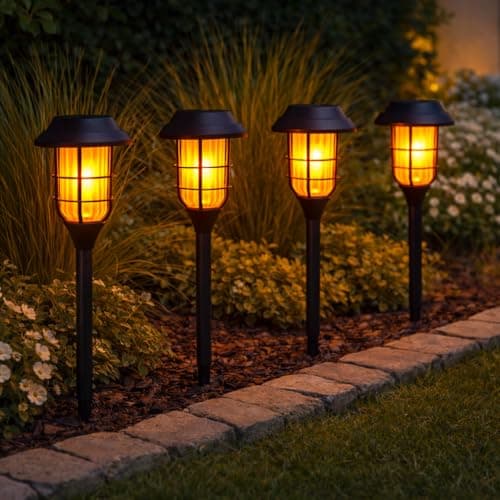 Image of Festive Lights - 4 Pack of 45cm Realistic Flame Effect Black Solar Garden Stake Lights – Total of 48 Amber SMD LEDs, IP44 Rated, Rechargeable Battery – Outdoor Lawn Border Pathway Driveway Decoration