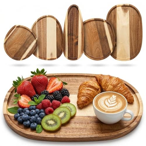 Image of Okllen Set of 5 Acacia Wood Serving Trays, Assorted Size Irregular Oval Wooden Serving Platters, Lightweight Wood Charcuterie Board Set for Home Decor, Food, Coffee, Appetizer, Housewarming Gift