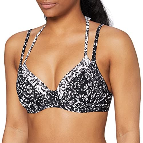 Image of Pour Moi? Women's Mixology Halter Padded Underwired Top Wired Animal Print Bikini Top, Black (Black/White Black/White), 32D (Manufacturer Size:32D)