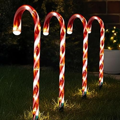 Image of ADEPTNA 4 Piece 40 LED Christmas WARM WHITE CANDY CANE LED LIGHTS with Timer Function Battery Powered Xmas Outdoor Patio Pathway Drive Way Decoration