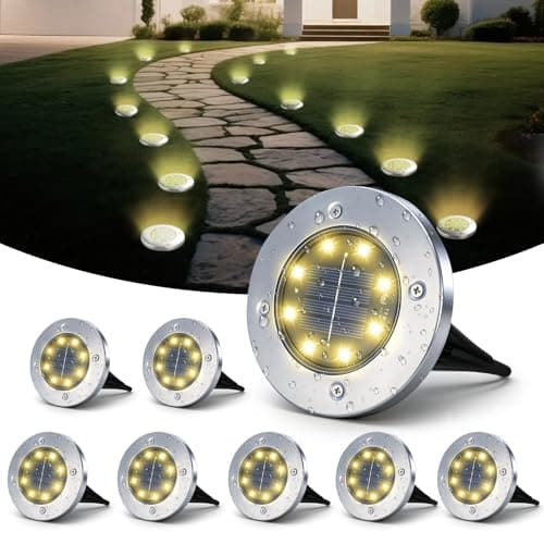 Image of SLWOO Solar Lights Outdoor Garden - 8 Pack Solar Ground Lights, 8 LED Warm White Solar-Powered Disk Light Outdoor, IP65 Waterproof Landscape Lighting for Garden Pathway Lawn Patio Yard