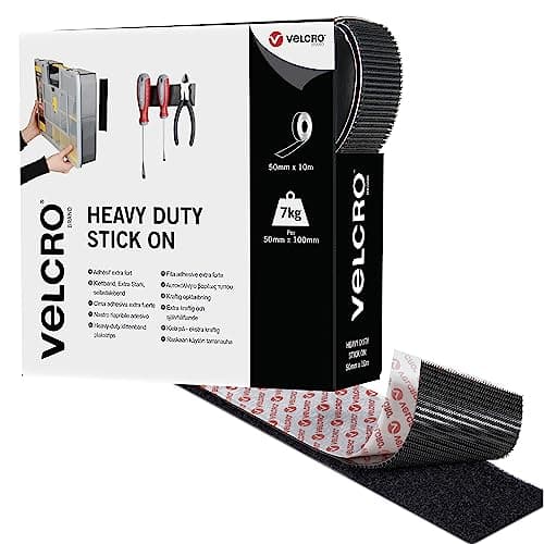 Image of VELCRO Brand - Heavy Duty Stick On Tape - Cut-to-Length Industrial Extra Strong Double Sided Hook & Loop Self Adhesive Tape - Perfect for Room Décor & Home, Office, Garage Use - Black - 10m x 50mm