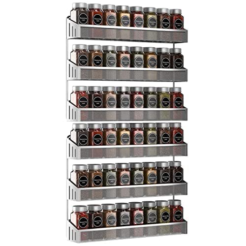Image of 2 Pack Large Spice Rack Wall Mounted Hanging Storage Rack for Jars Metal Chrome Narrow Wall Mounted Kitchen Cupboard Interior Cabinet Doors Silver Grey