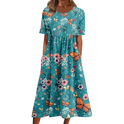 Image of Generic Women's Maxi Summer Dress - Mint Green, XL, Round Neck, Short Sleeve, Loose Fit, Floral Print, Boho Style, Casual, Adult, Size Inclusive, Dress