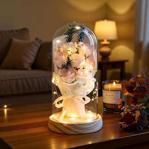 Image of Artificial Eternal Roses in Glass Dome - 7 Silk Flowers with LED Lights, Solid Wood Base | Birthday Gifts for Mum, Grandma, Women | Elegant Anniversary & Home Decor (Upgraded Secure Packaging)