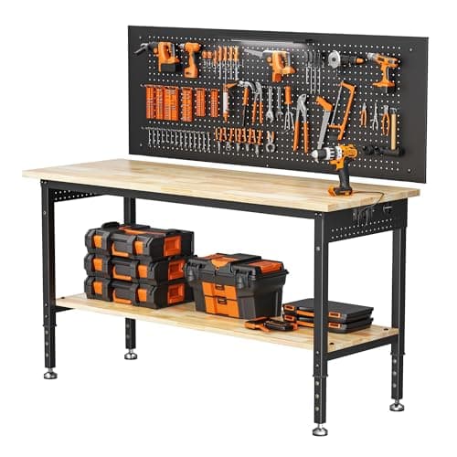 Image of 152x55 cm Heavy Duty Work Bench with Pegboard, Max Load 2000 LBS Rubberwood Tabletop, 6 Adjustable Heights with Storage Shelf, 2 in 1 Workbench for Workshop Station, Garage Workbench, Office