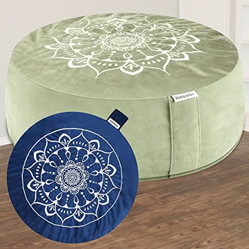 Image of Hihealer Meditation Cushion with Extra Velvet Cover - Large Traditional Tibetan Meditation Yoga Floor Cushion Pillow Zafu Filled by Buckwheat Hulls, Great Gift for Women (Serenity Navy & Green)