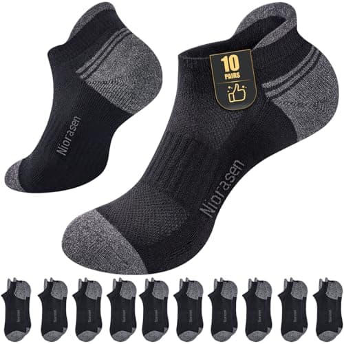 Image of Niorasen 10 Pairs Cushioned Trainer Socks for Men Women, Breathable Running Socks, Comfort Anti-Blister Cotton Athletic Ankle Socks, Low Cut Sports Socks Multipack, Black 9-12