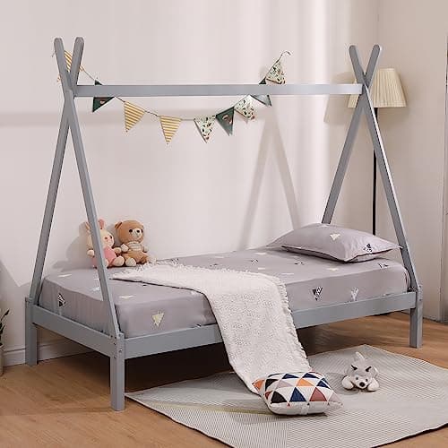 Image of SlumberWorx HARRY KIDS WOODEN TEEPEE TENT SINGLE BED FRAME OPTIONAL TRUNDLE & MATTRESS - GREY/WHITE (Grey, No Mattress)