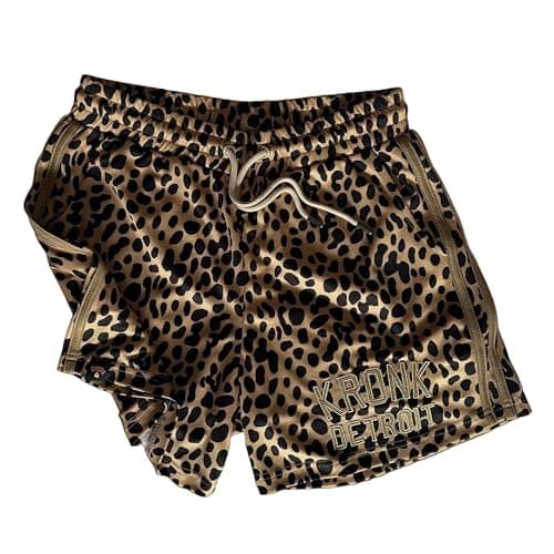 Image of Kronk Iconic Detroit Gym Shorts – 100% Polyester Men’s Training Shorts – Leopard Print with a Gold Trim & Embroidered Logo – Lightweight Athletic Boxing & Fitness Wear