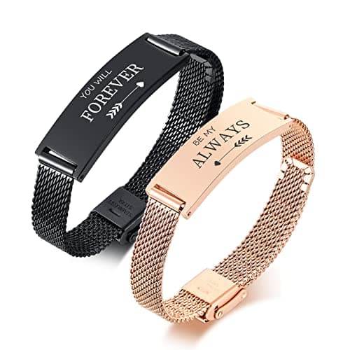 Image of Couple Bracelets Gift : You will Forever be My Always Engraved Stainless Steel Stylish Black and Rose Gold Mesh Wristband For His Hers Promise Bracelets Set Valentines Gifts for Men Women Lovers