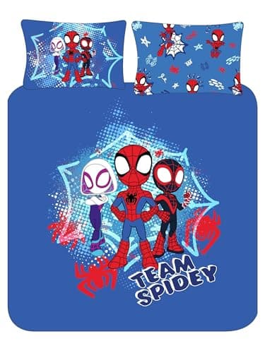 Image of Spidey and His Amazing Friends Double Duvet Cover Set – Team Spiderman Bedding for Kids – Official Marvel – Polycotton – Spider-Man, Ghost-Spider & Miles Morales Boys Blue Reversible Set (Double)