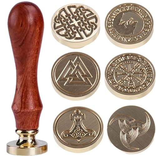 Image of 6 PCS Celtic Knot Wax Seal Stamp Set-Big Size:1.18'' Each-Walknut, Vegvisir Compass,Odin,Thor Hammer,Wolf Knot,Shield Knot,Sealing Wax Stamp Gift Box Set for Invitations Gift Packing
