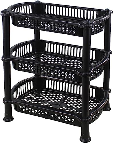 Image of VTL® 4 TIER AND 3 TIER PLASTIC VEGETABLE STORAGE RACK - BASKET - STACKER - UTILITY BASKET - OFFICE - HOME - BATHROOM - KITCHEN - VEGETABLE - FRUIT (3 TIER - BLACK)