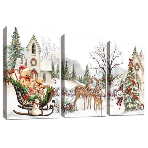 Image of 3 Pcs Wooden Framed Canvas Wall Art Christmas Tree Reindeer Canvas Prints Snowman Sledges Bear Gifts Painting Winter Pictures for Living Room Bedroom Hallway Stairs Holiday Wall Decor 50x70 cm x3pcs
