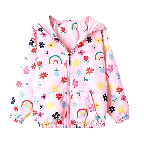 Image of Bluesaly Kids Jackets Girls Hooded Outwear Pink Flowers Windbreaker Windproof Long Sleeve Coat Sunscreen Anti-Fog Raincoat Clothes Outfits Zip Up Lightweight Soft Thin School Age 3-4 Years
