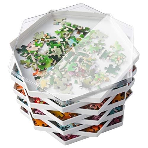 Image of Becko Stackable Puzzle Sorting Trays Jigsaw Puzzle Sorters with Lid Puzzle Accessory for Puzzles Up to 1500 Pieces, 8 Hexagonal Trays (White)