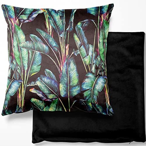 Image of Discount Fabrics LTD Velvet Cushion Covers Fabric Curtain Plush Tropical Botanical Paradise Rainforest (18 Inch Cushion Cover, Paradise Black)