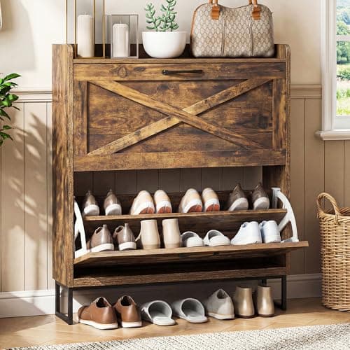 Image of BonVache Rustic Shoe Cabinet 80cm Width For Hallway, Brown Cabinet Shoes with 2 Drawer Can Storage 16-20 Pairs of Shoes, Wooden Shoe Rack Cabinet Fold for Entryway Living Room