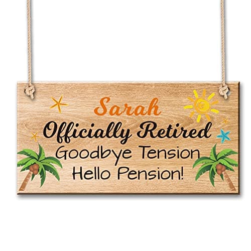 Image of Personalised Funny Retirement Gifts for Women Men Custom Hanging Wooden Plaque Retirement Sign Present Gift for Grandad Birthday Colleague Teacher Goodbye Tension Hello Pension (Design 3)