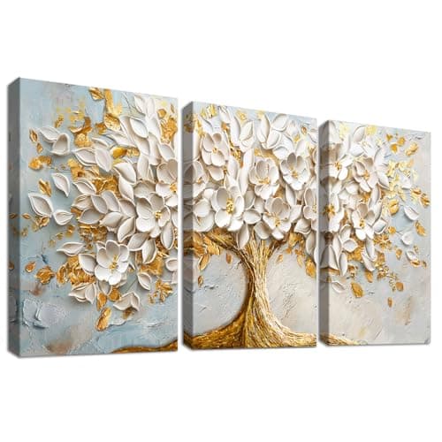 Image of 3 Pcs Wooden Framed Canvas Wall Art Set White Flowering Tree of Life Painting on Canvas Prints Poster Luxurious Modern Golden Tree Pictures for Living Room Bedroom Hallway Wall Decor 30x40 cm x3pcs