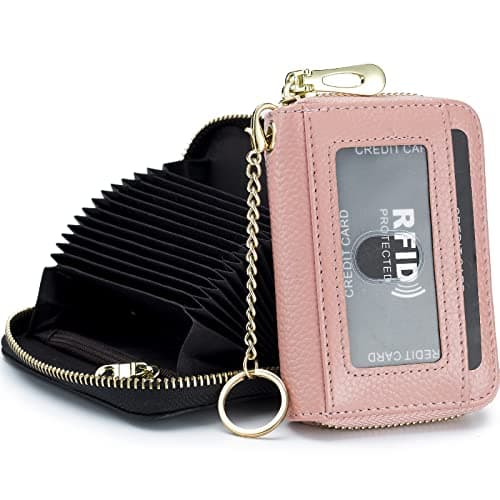 Image of imeetu Credit Card Holder for Women RFID Card Holder Wallet Slim Leather Ladies Card Holder with 12 Card Slots, 2 Wide Cash Slots, Keyring & ID Window (Small,Pink)